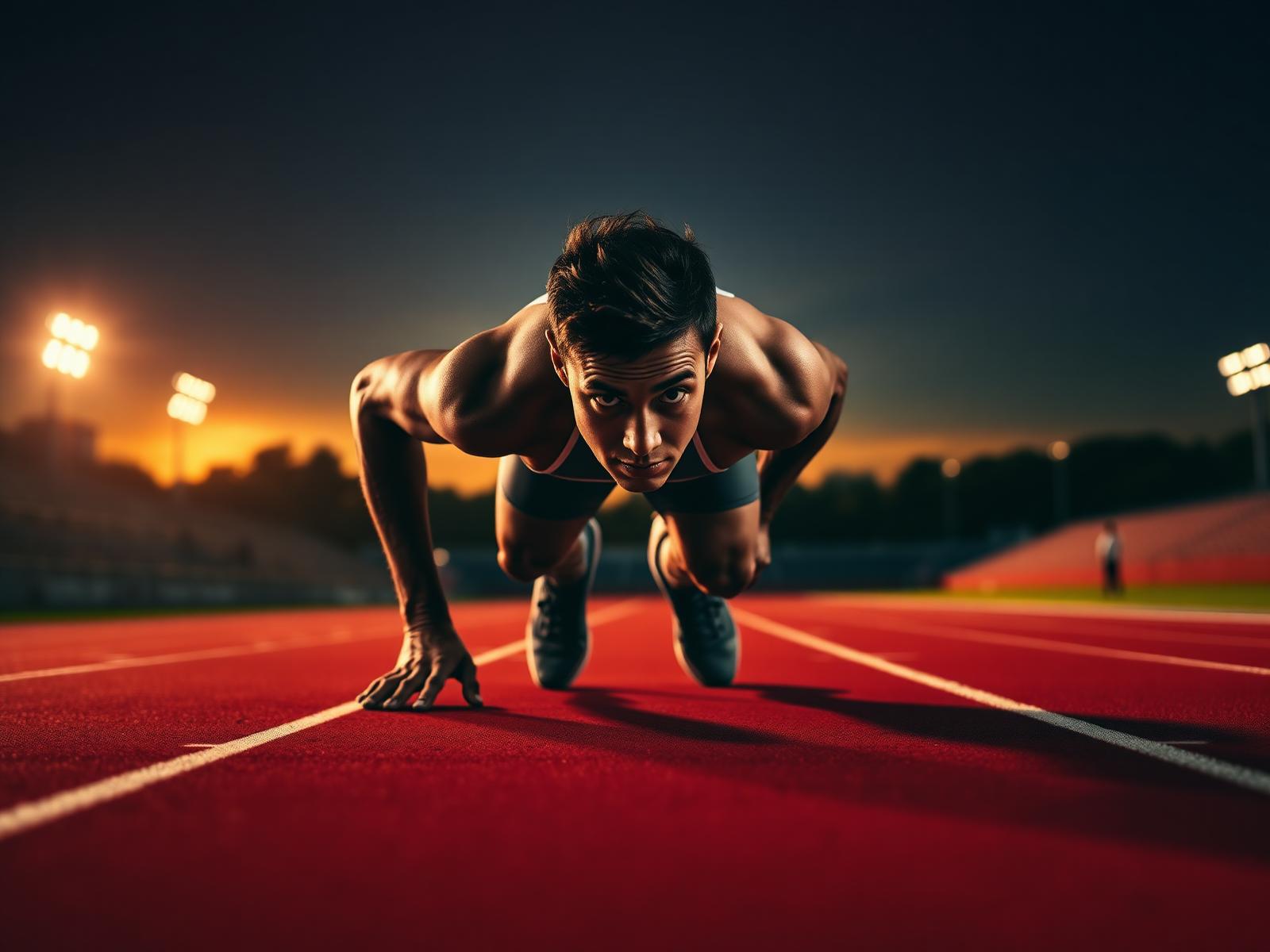 Atleta em posição de largada em pista de atletismo